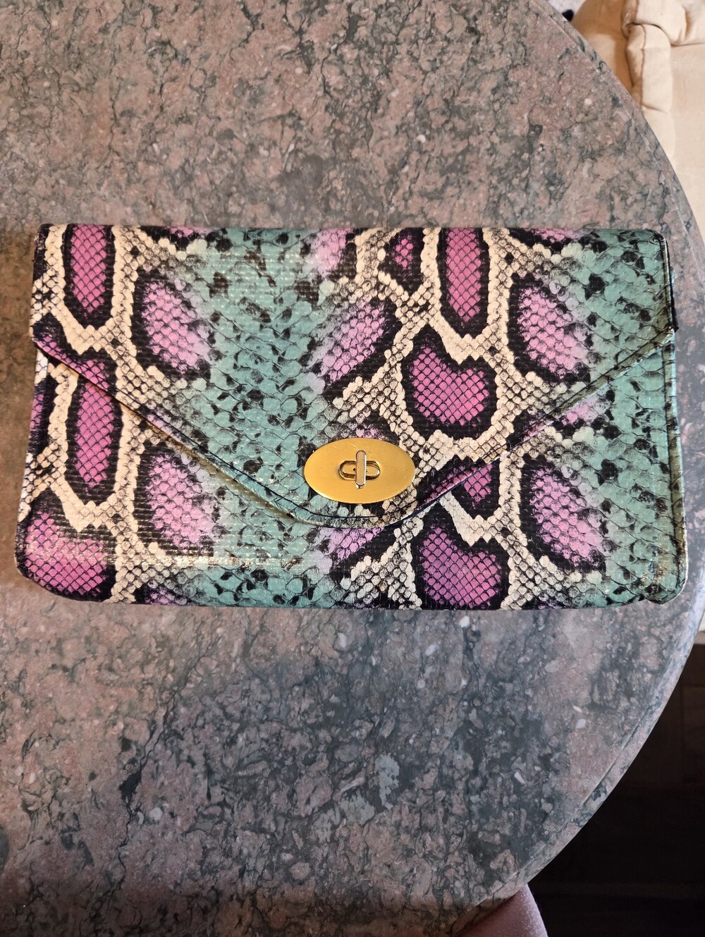 H&M Envelope Clutch in Teal and Hot Pink Faux Snake Print